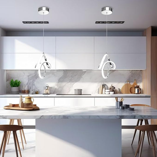 Modern Led Pendant Light 5500K Cold White Kitchen Island Pendant Light Fixtures Adjustable Height Led Pendant Lamp for Kitchen Island Dining Room Hanging Light, 1 Pack (Chrome)