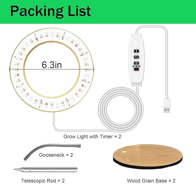Grow Light for Indoor Plants Full Spectrum, Desk LED Plant Light with Faux Wood Grain, 12"-43" Height Adjustable, Auto On/Off Timer 3/9/12H, 3 Modes 10 Dimmable Levels for Succulents (2, Wood Grain)