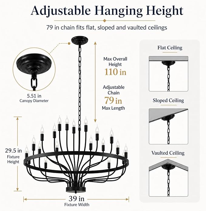 Shandaglo Large Black Chandelier 24-Light, Round 3-Tier Wagon Wheel Fixture, 39 in Farmhouse Candle Pendant with E12 Base for Dining Room, Foyer, Living Room, Hallway, High Ceiling