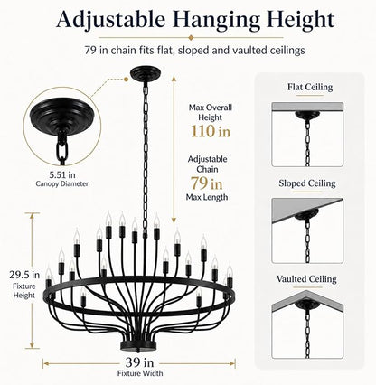 Shandaglo Large Black Chandelier 24-Light, Round 3-Tier Wagon Wheel Fixture, 39 in Farmhouse Candle Pendant with E12 Base for Dining Room, Foyer, Living Room, Hallway, High Ceiling