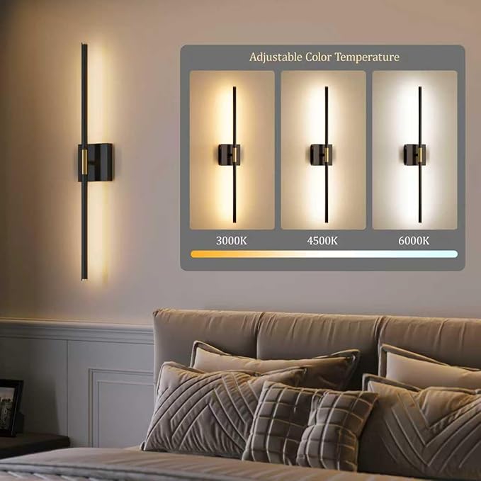 Morauroral Battery Operated Wall Sconces Set of 2, Dimmable 3 Color Battery Wall Sconce with Remote, Black Gold LED Rechargeable Sconces, 24 Inch Modern Wireless Wall Lights for Bedroom, Living Room