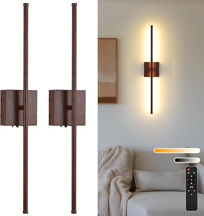 Battery Operated Wall Sconces Set of Two, 11000mAh LED Wireless Faux Walnut Finish Wall Lights with Remote, 350°Rotate Dimmable Wall Lamp, 3 Color Temperatures, for Bedroom, Living Room, Hallway