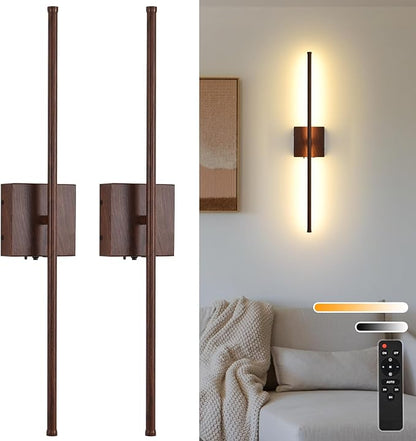 Battery Operated Wall Sconces Set of Two, 11000mAh LED Wireless Faux Walnut Finish Wall Lights with Remote, 350°Rotate Dimmable Wall Lamp, 3 Color Temperatures, for Bedroom, Living Room, Hallway