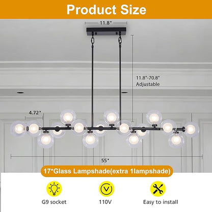 Chandeliers for Dining Room, Modern Globe Chandelier with 16 Double Glass Lampshades, Large Linear Sputnik Chandelier for Dining Room Kitchen Island - Black