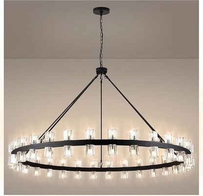 60 Inch Black Wagon Wheel Chandelier with Crystal Shade, 60 Lights, Modern Farmhouse Style, Ideal for Dining Room, Kitchen, Entryways