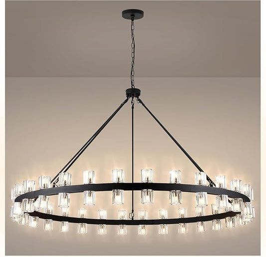60 Inch Black Wagon Wheel Chandelier with Crystal Shade, 60 Lights, Modern Farmhouse Style, Ideal for Dining Room, Kitchen, Entryways