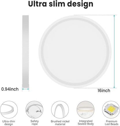 libtit 16Inch Flush Mount LED Ceiling Light Fixture, 3000K 4000K 6500K Adjustable, 36W 3600lm White Satin Round Ceiling Lamp for Bathroom Shower Hallway Kitchen, 2 Pack