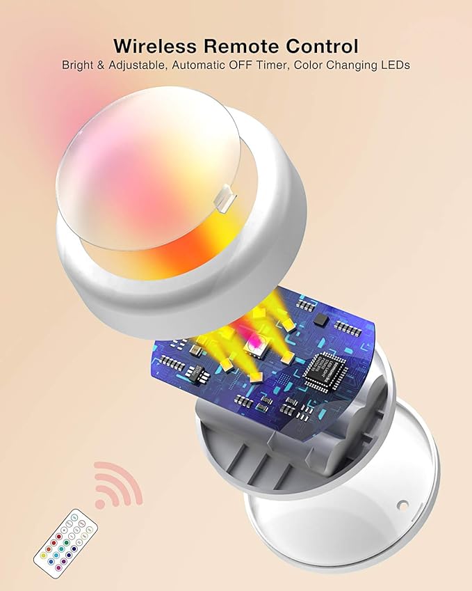 SEMSMOKS Puck Lights with Remote Control, Battery Operated LED Push Light Wireless, 13 Color RGB - for Closet, Bedroom Wall, Under Cabinet, Battery Powered Puck Lights. Convenient 3M Stick On, 6 Pack