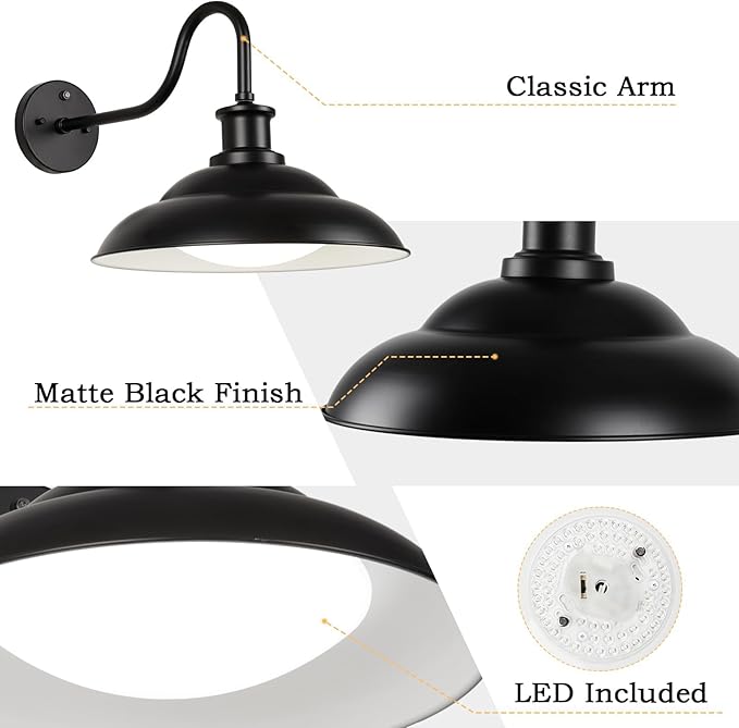 LED Outdoor Barn Lights, 16 Inch Large Farmhouse Exterior Wall Mount Light with Adjustable Color Temperature, Industrial Black Porch Light Outside for Garage Doorway