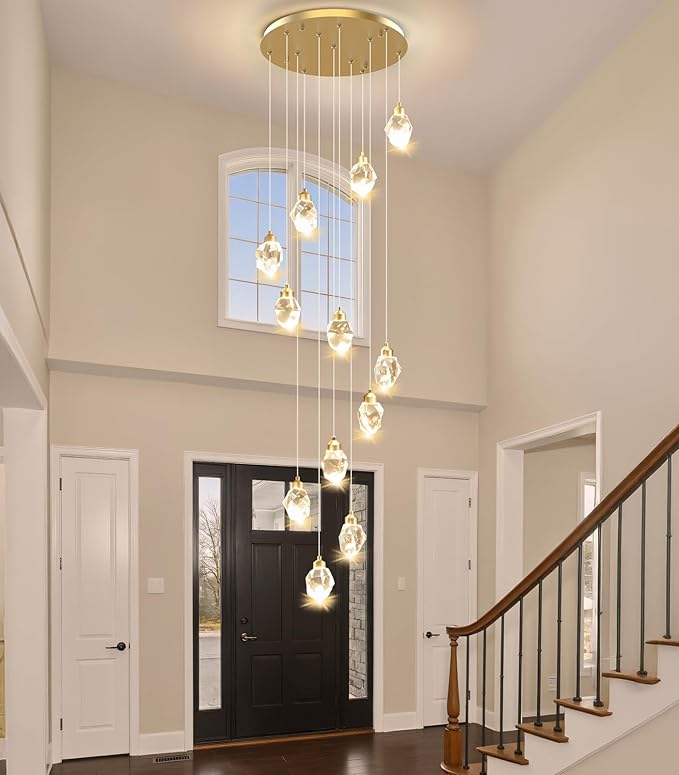 Crystal LED High Ceiling Chandelier: Long Remote Dimmable 12 Gold Pendant Light Fixture - Spiral Drop Flush Mount Sloped Ceilings Modern Chandeliers For Entryway Living Room Foyer Staircase Entrance