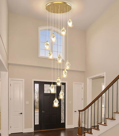 Crystal LED High Ceiling Chandelier: Long Remote Dimmable 12 Gold Pendant Light Fixture - Spiral Drop Flush Mount Sloped Ceilings Modern Chandeliers For Entryway Living Room Foyer Staircase Entrance