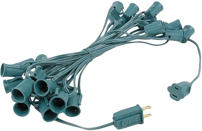 Novelty Lights 25 Foot C7 Outdoor String Light Christmas Stringer - Patio String Lights - Candelabra Base (C7/E12) - 12" Spacing - Green Wire