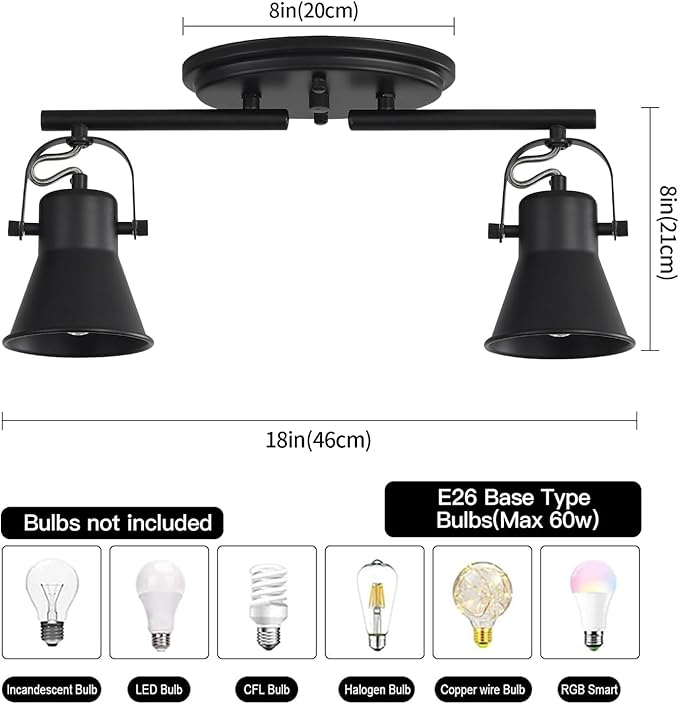2 Light Track Lighting Ceiling, Industrial Directional Ceiling Spot Light Fixture,Black Flush Mount Ceiling Light for Kitchen, Living Room, Hallway, Bathroom, Cabinet, Etc.