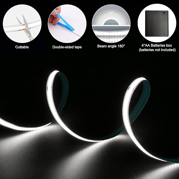 Battery Powered COB Led Strip Lights, 4.92Ft Battery Operated 6000K Cool White LED Strip Light, High Brightness Flexible LED Tape Lights for TV, Cabinet, Bedroom, Party, Home DIY Decoration