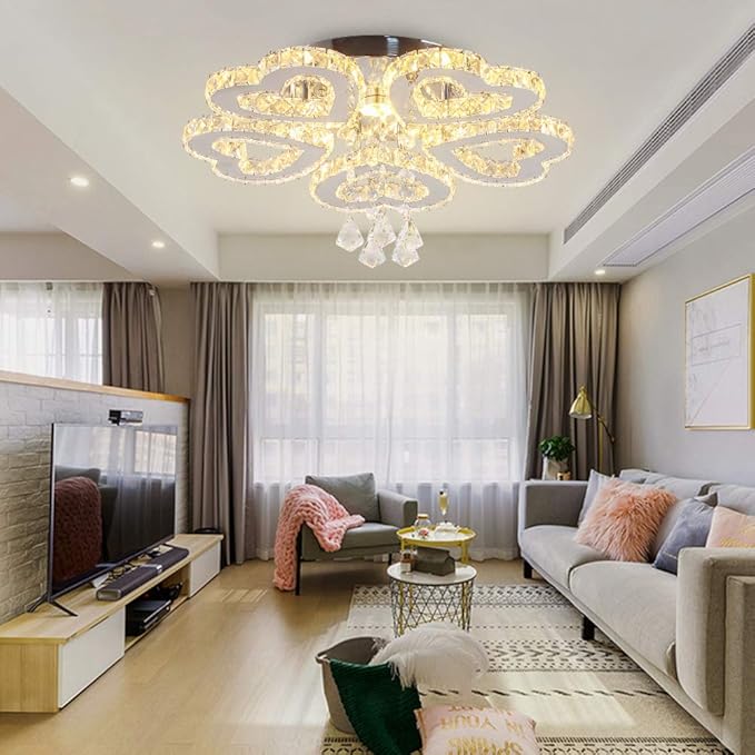 Heart 5 Rings Crystal Chandelier, Modern LED Flush Mount Ceiling Light with K9 Crystals Light Fixture for Bedroom, Living Room, Kitchen Warm White