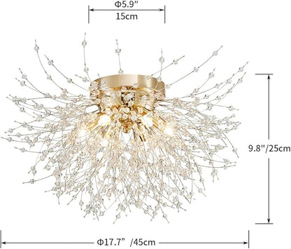 AGV LIGHTING CL023G Crystal Ceiling Light, Close to Ceiling Flushmount Light Fixture, Firework Design Dandelion Shape, 6-Lights, D18 x H10, Gold Finish