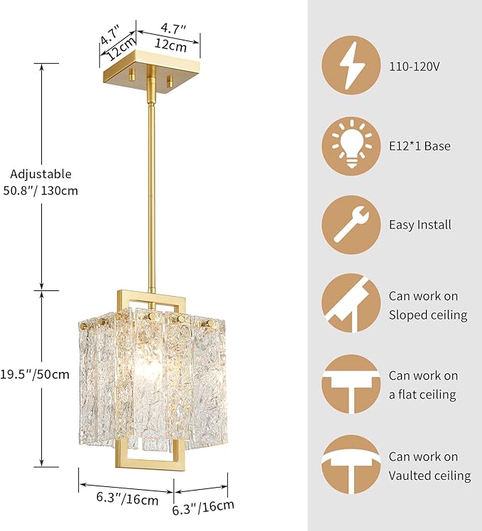 Shrine Lighting Gold Chandeliers, Modern Glass Pendnat Light for Dining Room, D6.3''×H19.5'', Adjustable 50.8'', 1 x E12 Sockets, Glass LampShade & Gold Finish Frame