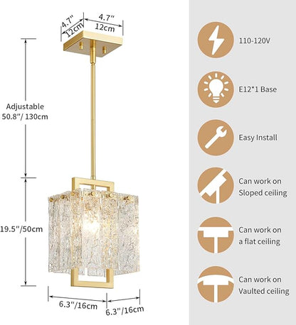 Shrine Lighting Gold Chandeliers, Modern Glass Pendnat Light for Dining Room, D6.3''×H19.5'', Adjustable 50.8'', 1 x E12 Sockets, Glass LampShade & Gold Finish Frame