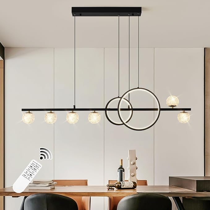 ORANOOR Modern Black Gold Chandeliers for Dining Room, 47in Dimmable LED Chandelier Linear Pendant Light for Kitchen Island, Upgraded 6 Globe Hanging Pendant Chandelier Lighting (2 Rings, 4200lm)