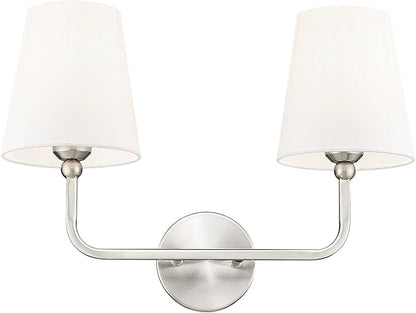 2-Light Bathroom Light Fixtures, Brushed Nickel Vanity Lights, Double Wall Sconce with Flared White Fabric Shade, Modern Sconces Wall Lighting for Hallway Bedroom Stairway, VL837-BN-2