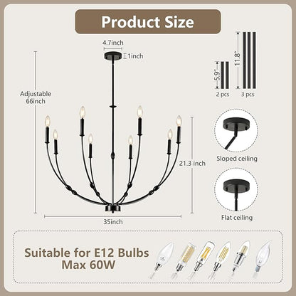 Black Chandelier 35 inch, 8-Light Modern Farmhouse Chandeliers for High Ceiling, Industrial Pendant Light Fixture for Foyer Hallway Entryway, Bedroom, Living Room, Kitchen