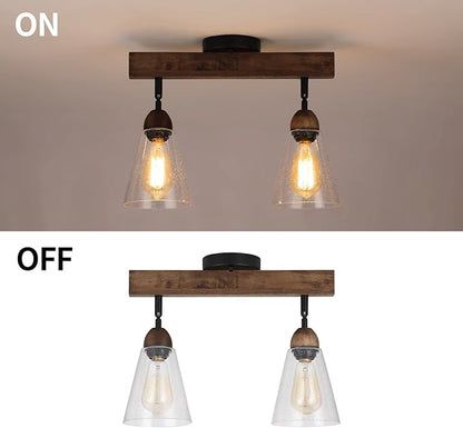 2-Light Rustic Farmhouse Glass Track Flush Mount Ceiling Light Fixture Mini Clear Seeded Glass Shade and Oak Wood Semi Flush Mount Ceiling Light for Kitchen Bedroom Hallway Entryway Sink
