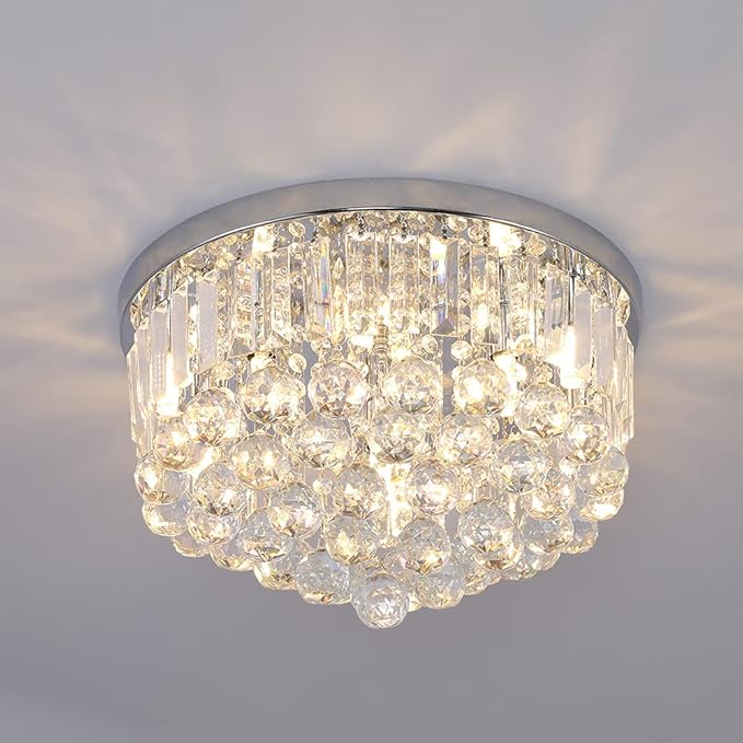 Modern K9 Crystal Raindrop Chandelier Lighting, Flush Mount G9 Base Ceiling Light Fixture Pendant Lamp for Dining Room Bedroom Livingroom Required Height 11''x Width 16''(Chrome)