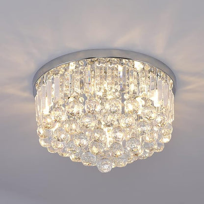Modern K9 Crystal Raindrop Chandelier Lighting, Flush Mount G9 Base Ceiling Light Fixture Pendant Lamp for Dining Room Bedroom Livingroom Required Height 11''x Width 16''(Chrome)