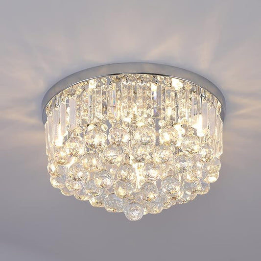 Modern K9 Crystal Raindrop Chandelier Lighting, Flush Mount G9 Base Ceiling Light Fixture Pendant Lamp for Dining Room Bedroom Livingroom Required Height 11''x Width 16''(Chrome)