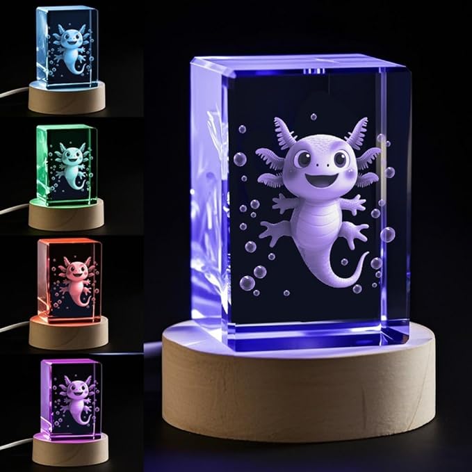 3D Axolotl Crystal Night Light for Kids, Emotional Support Gift for Animal Lovers Christmas Valentines Anniversary