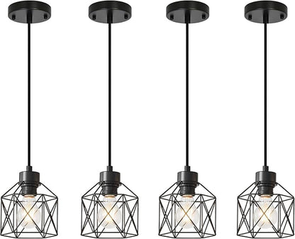 4-Pack Hanging Pendant Light Fixtures, Farmhouse Kitchen Island Light Fixture, Industrial Hanging Pendant Lighting for Dining Room Bedroom Hallway, Black Metal Cage Pendant Lamp, E26 Base