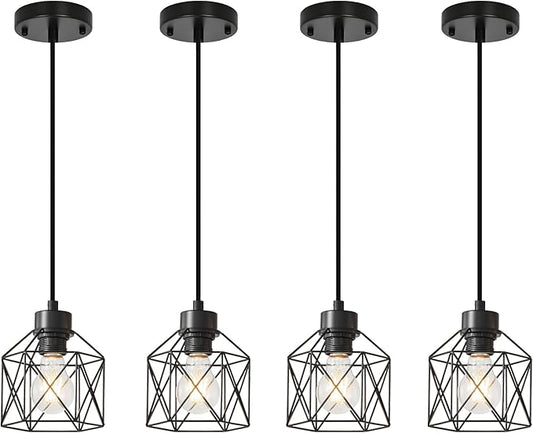 4-Pack Hanging Pendant Light Fixtures, Farmhouse Kitchen Island Light Fixture, Industrial Hanging Pendant Lighting for Dining Room Bedroom Hallway, Black Metal Cage Pendant Lamp, E26 Base