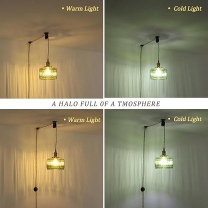 Shenmoyl Plug in Pendant Light Hanging Light Fixture Corded On/Off Switch Brass Pendant Light with Green Striped Glass Lampshade for Bedroom Living Room Kitchen Island