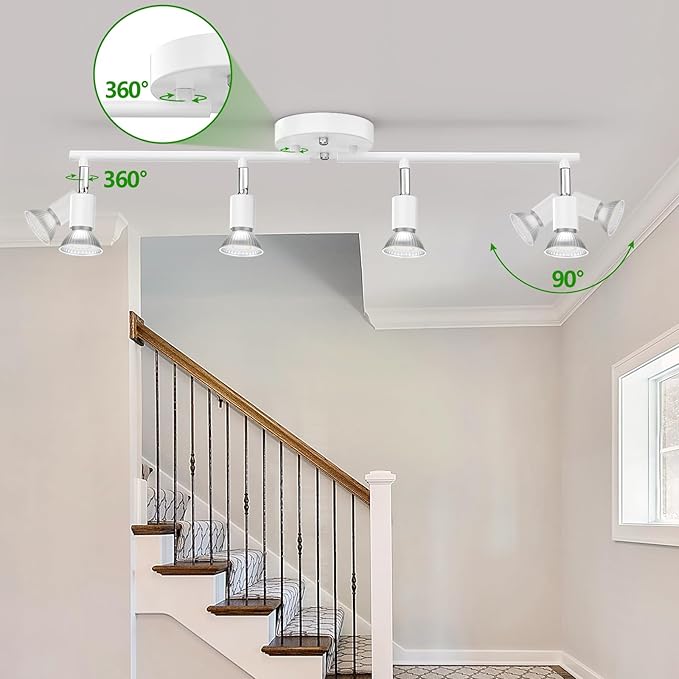 AIBOO Track Lighting Kit, Modern White Ceiling Spot Lighting with Flexibly Rotatable Light Heads, 4 Track Lights for Room/Hallway/Kitchen (GU10 Bulbs Not Included)