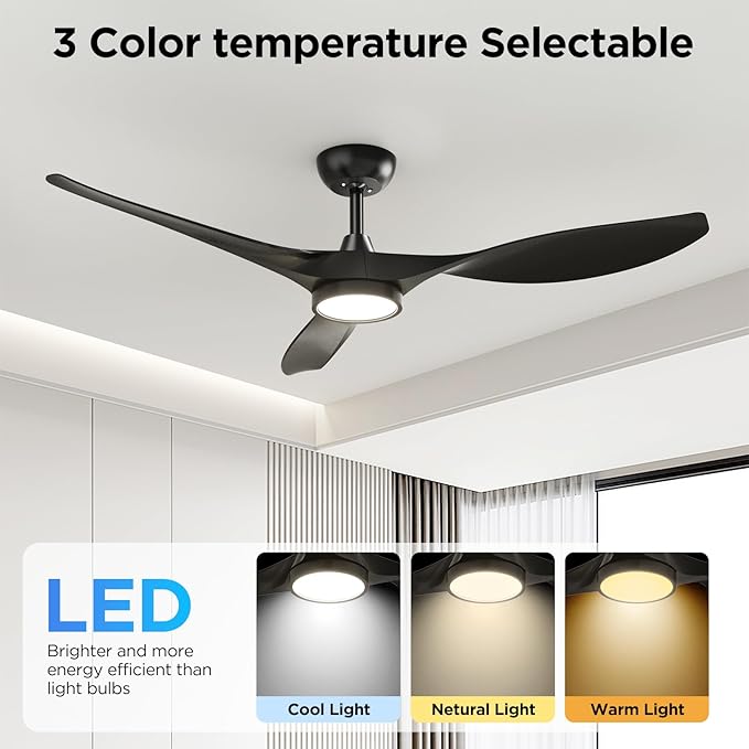 Roomratv Ceiling Fans with Lights and Remote Control,Quiet Noiseless Reversible DC Motor,6 Speeds,Timers, 3 CCT, Indoor Use, Plastic Blades,52 Inch Black Modern Ceiling Fan for Bedroom Living Room