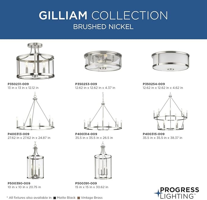 Progress Lighting P350254-009 Gilliam - 2 Light Flush Mount in New Traditional Style-4.62 Inches Tall and 12.62 Inches Wide, Finish Color: Brushed Nickel