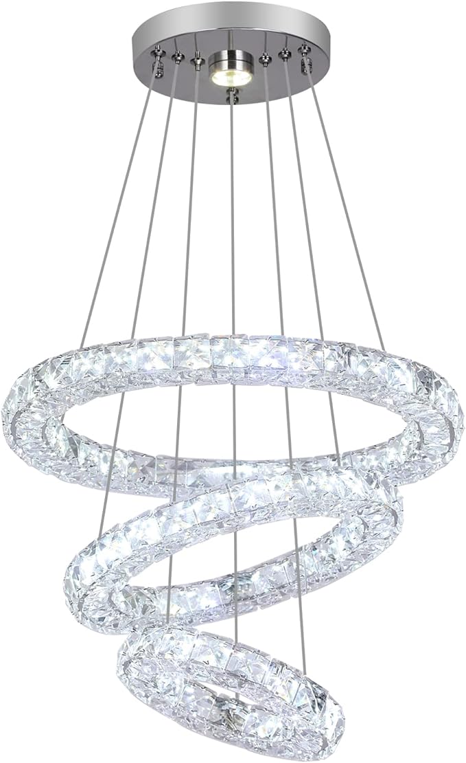 3 Rings Modern Crystal Flush Mount Chandelier - 3-Colors Changeable Crystal, 15.7''+11.8''+7.8'' LED Ceiling Light DIY Adjustable, Living Room, Hotel, Office