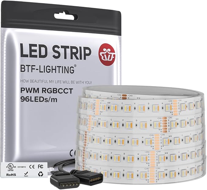 BTF-LIGHTING RGBCCT 5 Colors in 1 LED 5050SMD RGBWW RGB+Dimmable Tunable Color Temperature 2700K-6500K UL Listed 16.4ft 96LEDs/m 480LEDs DC24V Multi-Colored Tape Lights IP67(No Adapter or Controller)