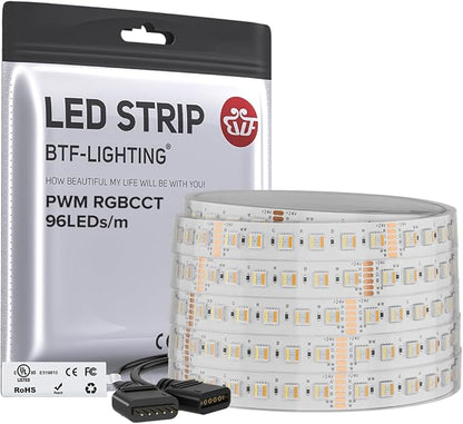 BTF-LIGHTING RGBCCT 5 Colors in 1 LED 5050SMD RGBWW RGB+Dimmable Tunable Color Temperature 2700K-6500K UL Listed 16.4ft 96LEDs/m 480LEDs DC24V Multi-Colored Tape Lights IP67(No Adapter or Controller)
