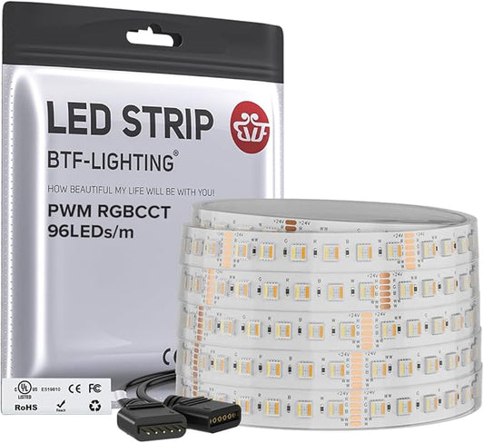 BTF-LIGHTING RGBCCT 5 Colors in 1 LED 5050SMD RGBWW RGB+Dimmable Tunable Color Temperature 2700K-6500K UL Listed 16.4ft 96LEDs/m 480LEDs DC24V Multi-Colored Tape Lights IP67(No Adapter or Controller)