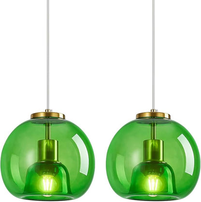 Green Glass Pendant Lights Kitchen Island Gold Hanging Light Fixture Glass Globe Pendant Light Modern Pendant Lighting for Kitchen Island Bedroom Dining Room (7.87", 2 Pack)