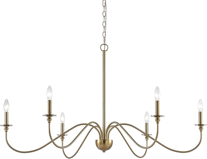 Kira Home Archer 47" 6-Light Large Farmhouse Gold Chandelier, Modern Gold Ceiling Fixture with Elegant Curved Swoop Arms, Cool Brass Finish