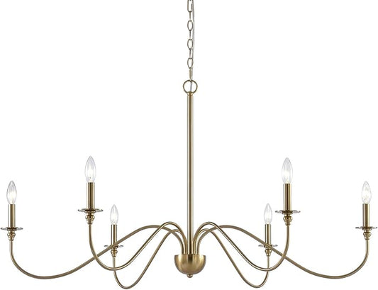 Kira Home Archer 47" 6-Light Large Farmhouse Gold Chandelier, Modern Gold Ceiling Fixture with Elegant Curved Swoop Arms, Cool Brass Finish