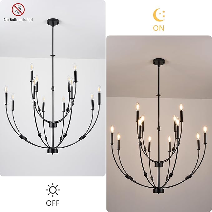 Large 35 Inch 2-Tier Modern Black Chandelier, 12-Light Farmhouse Candle Pendant Light for High Ceiling Foyer Entryway Living Room