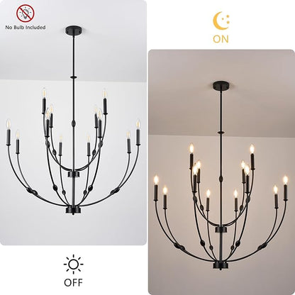 Large 35 Inch 2-Tier Modern Black Chandelier, 12-Light Farmhouse Candle Pendant Light for High Ceiling Foyer Entryway Living Room