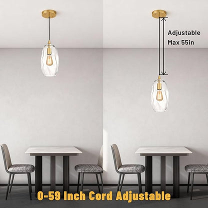 Gold Pendant Light Fixtures Adjustable Modern Kitchen Island Lighting Glass Organic Ceiling Hanging Light Fixtures for Bar, Counter, Patio, Over Sink, Dining Room,Table 12.5'' Height - Transparent