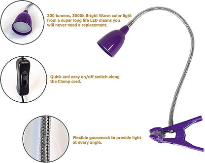 Newhouse Lighting LED Clip on Light/Clamp Lamp/Reading Book Light for Desk, Bed, Office, and Dorm Room, Purple