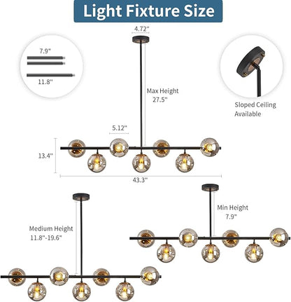 Modern linear chandeliers for dining room,7 Lights Glass Globe sputnik ceiling light fixture 41" Mid Century black and gold chandelier (Large Long Pendant Hanging Lighting for Kitchen Island)