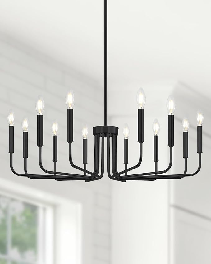 Yunnix 12 Light Black Chandelier, 35" Extra Large Modern Farmhouse Hanging Fixture - Industrial Matte Black Dining Room Light for Kitchen Island, Living Room, Hall, Foyer