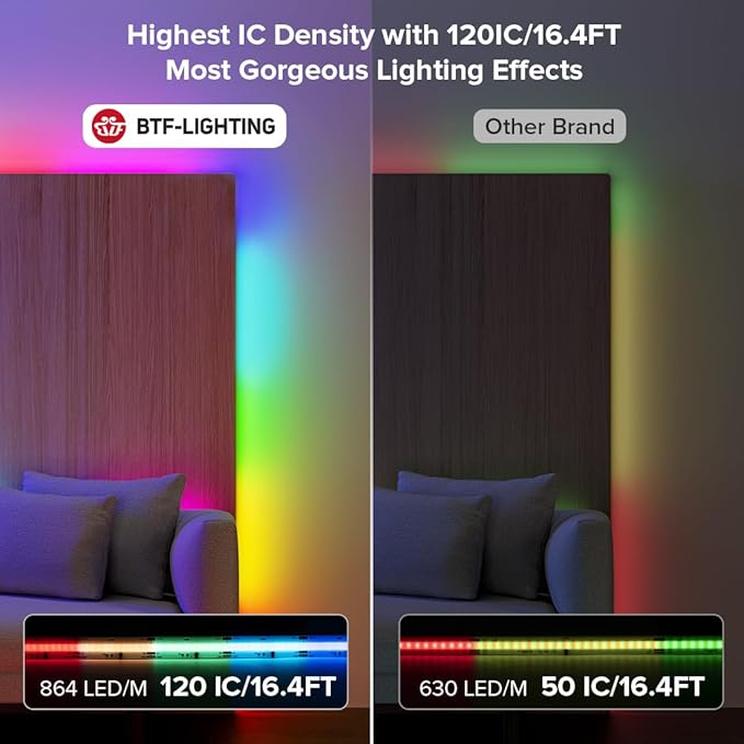 BTF-LIGHTING FCOB IP66 WS2811 IC RGB COB LED Strip 864LED/m Flexible High Density Color Chasing Uniform Light DC24V 16.4FT 24IC/m 12mm Width for Lighting Project(No Adapter or Controller)
